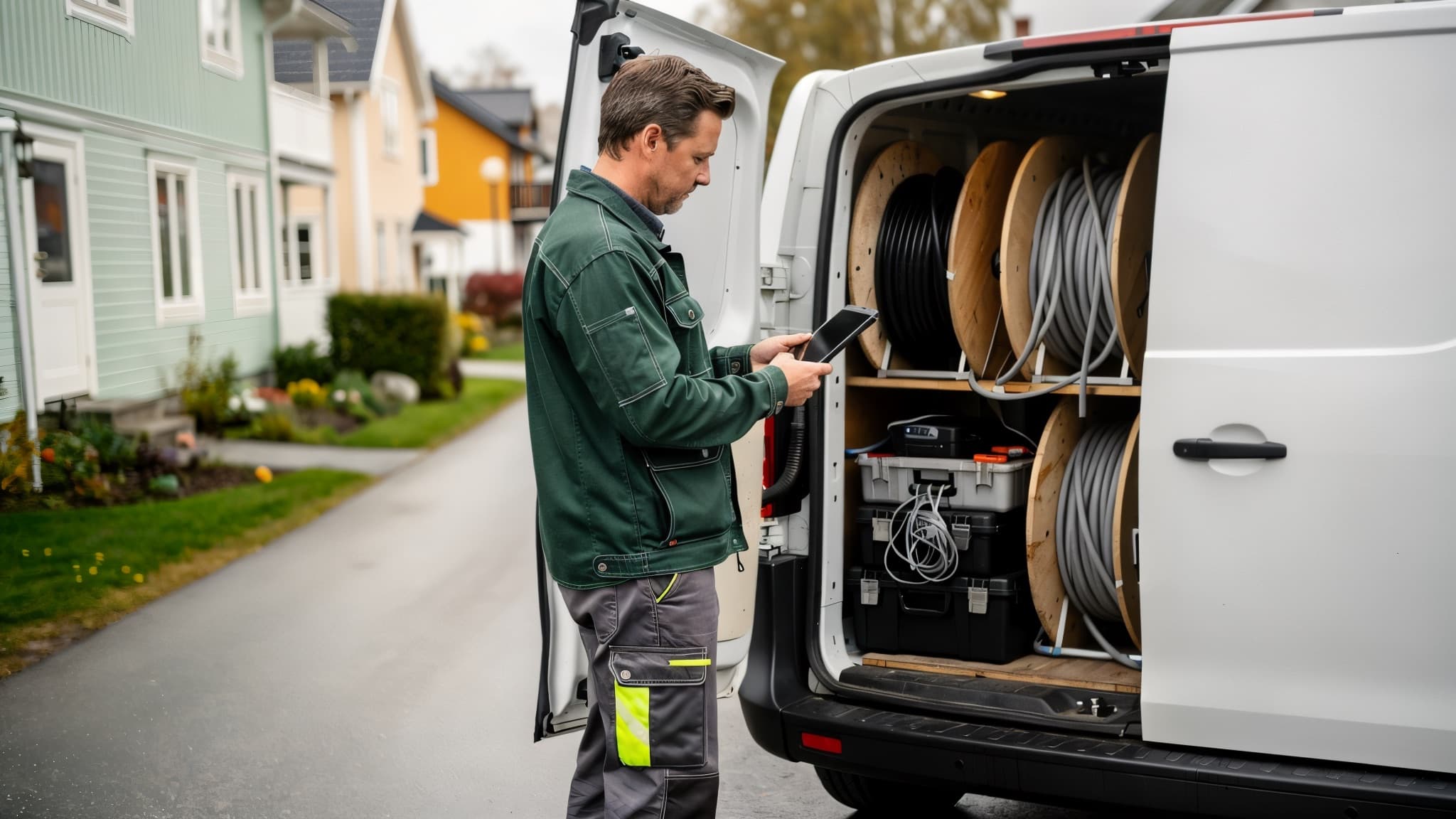 Un electrician cu o tabletă în mână, lângă ușile din spate deschise ale unei dube încărcate cu tamburi de cablu