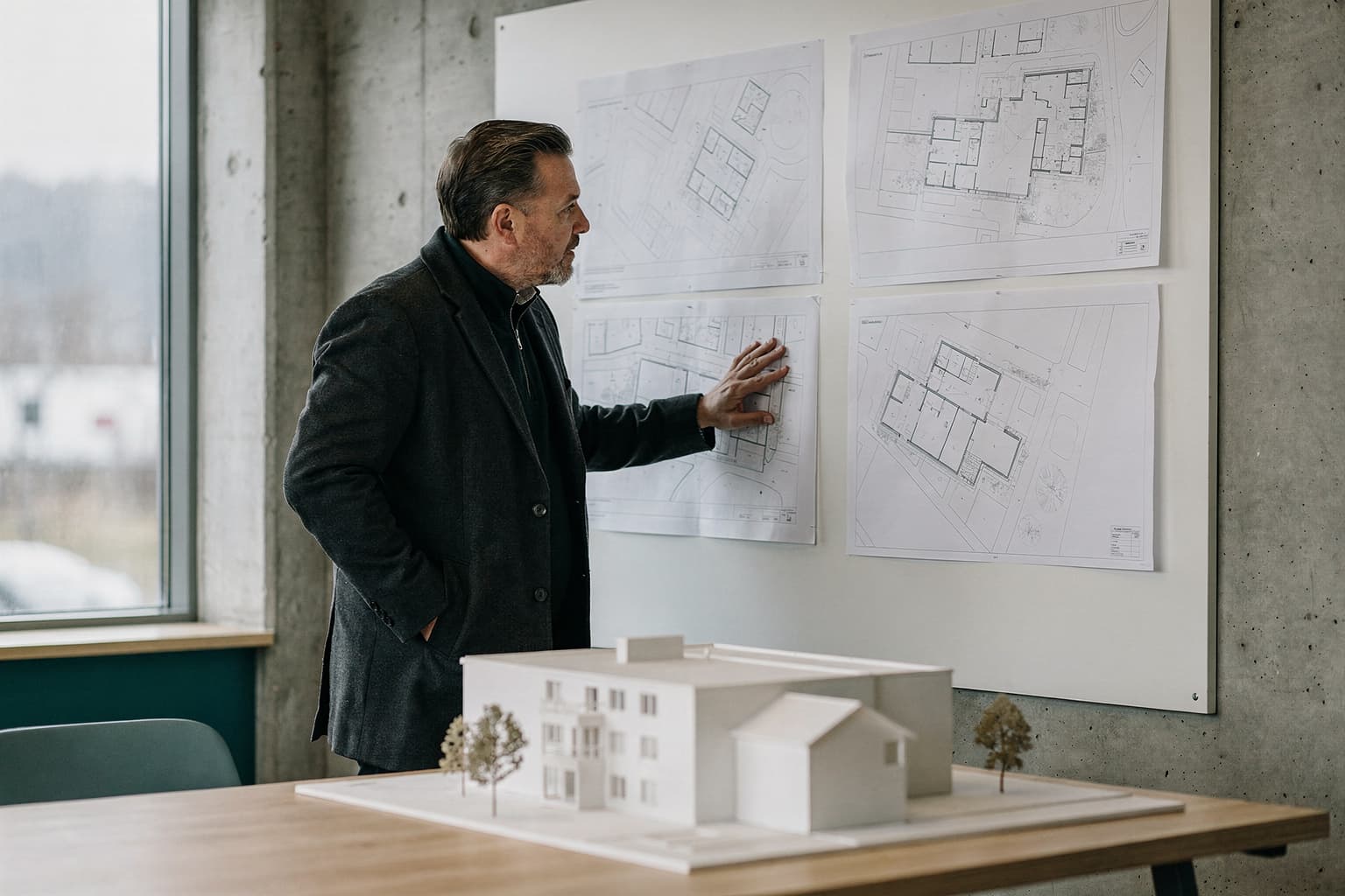 Developer studying architectural drawings on a wall in a bright office