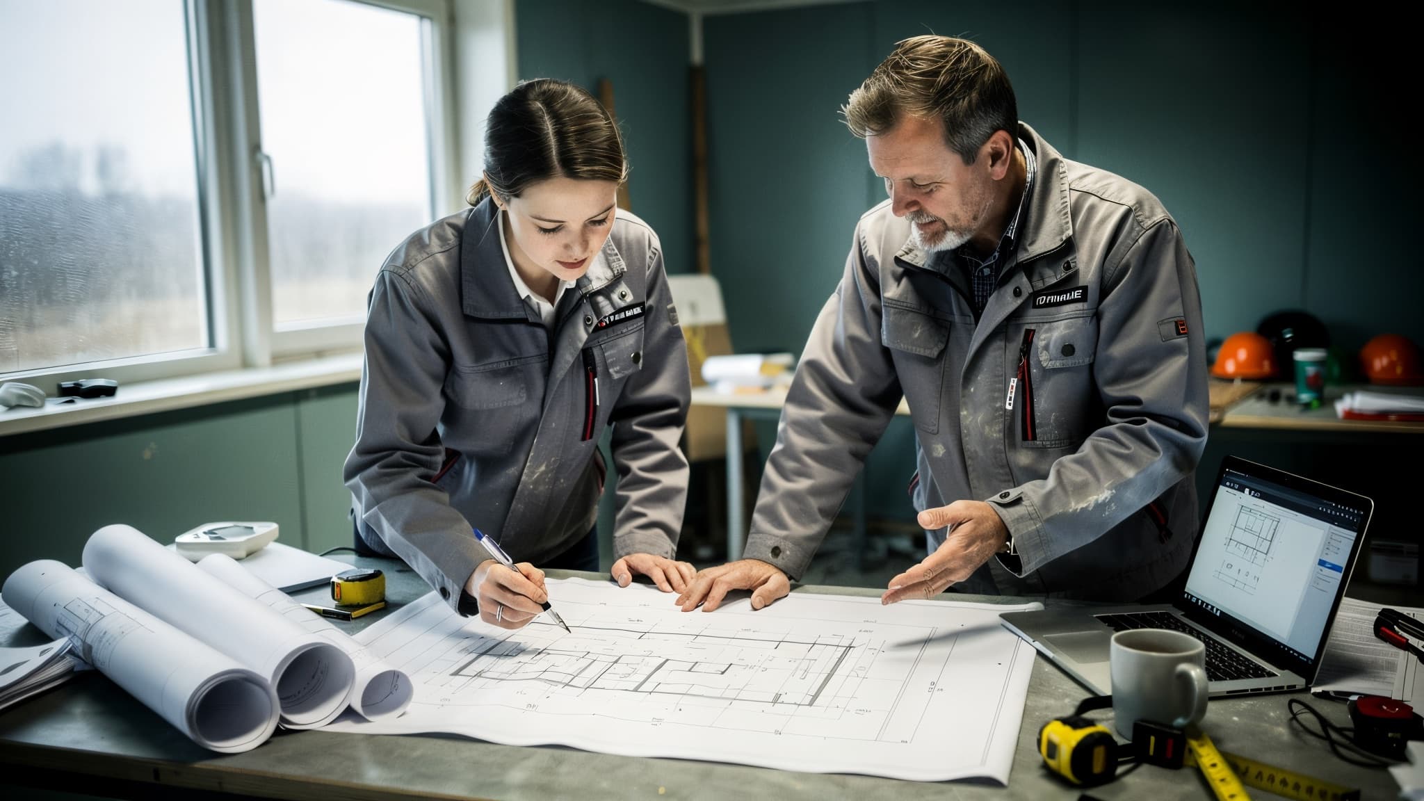 Two people in work jackets leaning over a set of drawings on a table in a site cabin, with an open laptop beside them