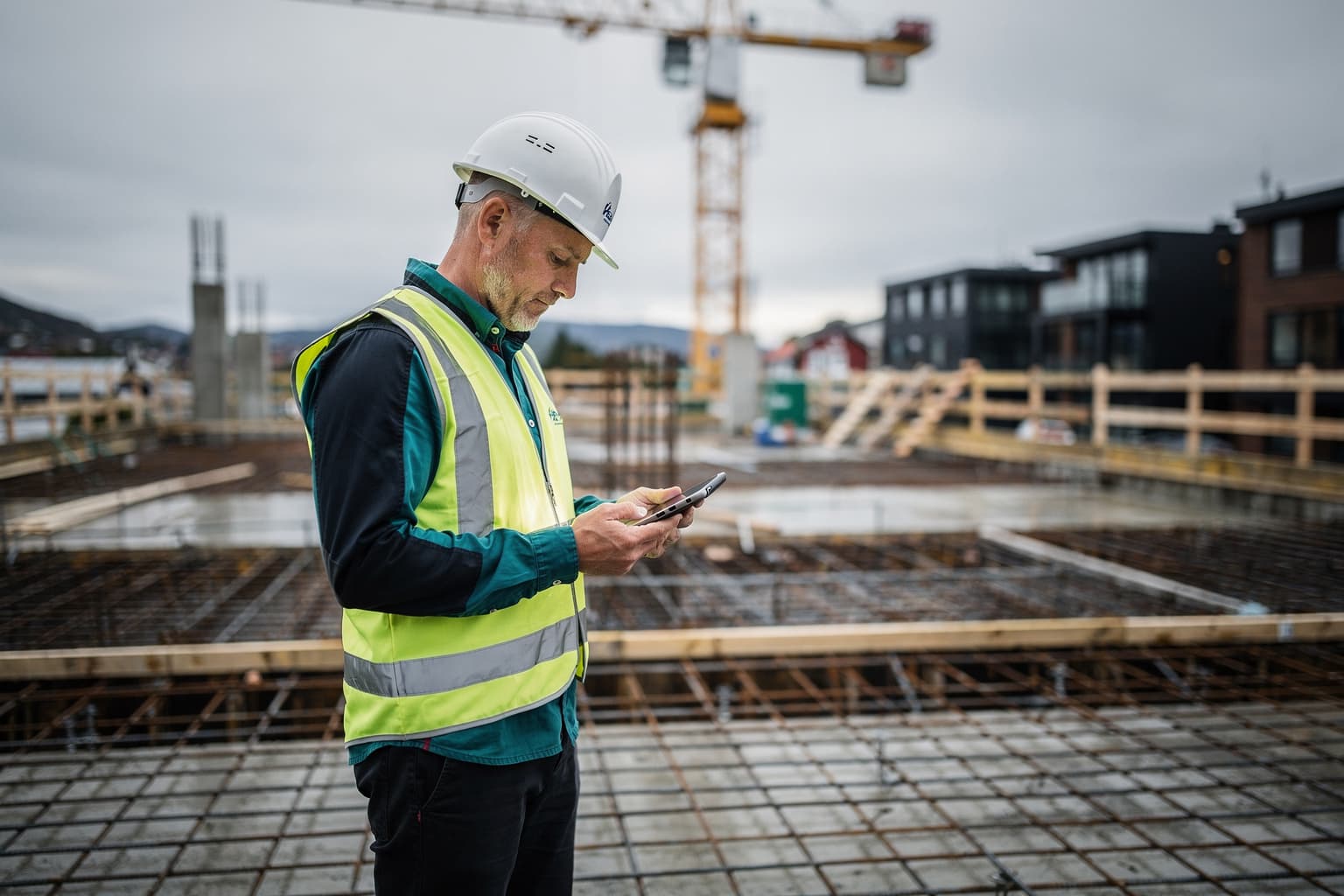 Site manager in a hi-vis vest and helmet holding a tablet on a concrete deck under construction
