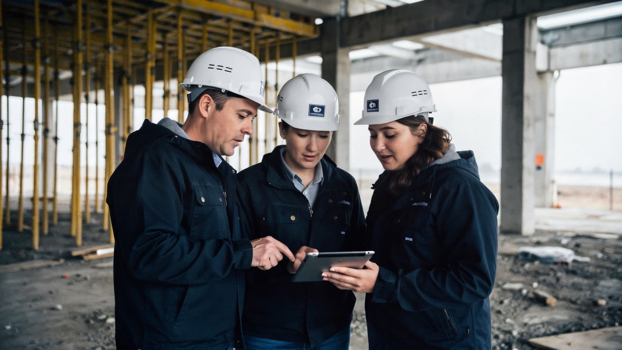 Three professionals in helmets looking at a tablet together on a concrete deck under construction